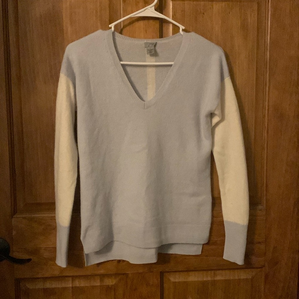 Halogen Sweater Blue Cream Colorblock Luxe Cashmere V-neck Pullover Tunic Small